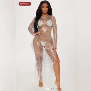 Fashion Nova Stella Silver Sequin Mesh Swim Cover-Up Dress 2XL NWT